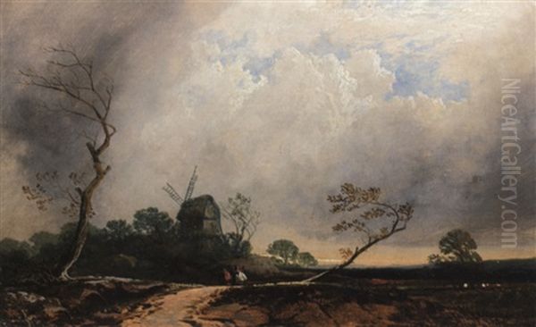 Figures In A Landscape With Distant Windmill Oil Painting by David Cox
