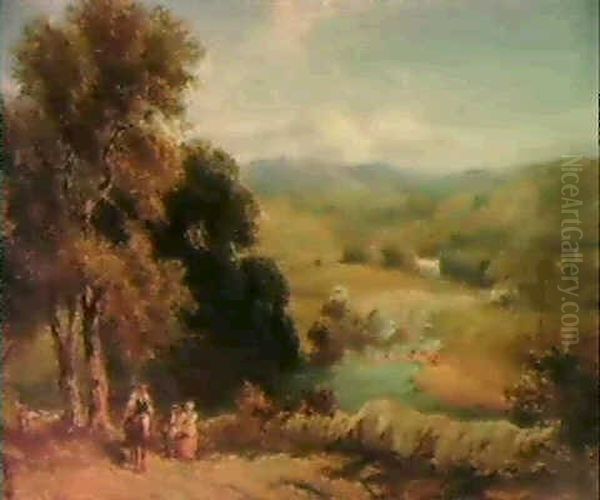Landscape With A Distant View Of Bolton Abbey, Yorkshire,   And The River Wharfe, Figures On A Path In The Foreground Oil Painting by David Cox