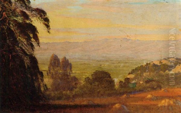 Haystacks At Dusk, The Mountains Beyond Oil Painting by Walter I. Cox