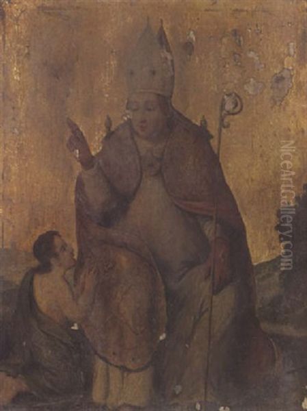 Un Saint Eveque Benissant Un Pelerin Oil Painting by Michiel Coxie