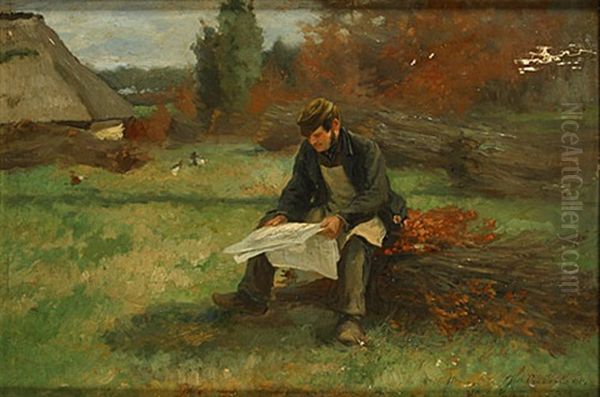 Verpozen Met De Krant Oil Painting by Florent Nicolas Crabeels