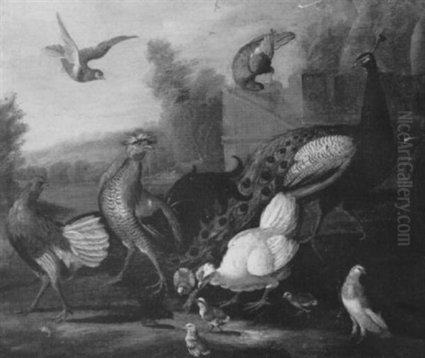A Peacock, A Rooster, Chickensand Other Birds In A River    Landscape Oil Painting by Marmaduke Cradock