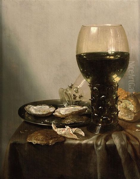A Roemer Of White Wine, A Loaf Of Bread, Oysters And A Smaller Roemer On A Silver Plate With A Shell And A Folded Piece Of Paper Containing Pepper... Oil Painting by Adrian J. Craen