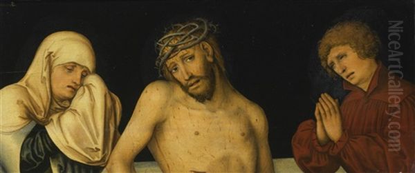 Christ As The Man Of Sorrows Together With The Virgin And Saint John Oil Painting by Lucas The Younger Cranach