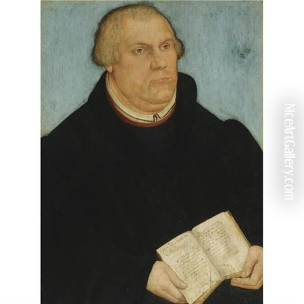 Portrait Of Martin Luther In A Black Robe, Holding A Prayer Book Oil Painting by Lucas Cranach the Younger