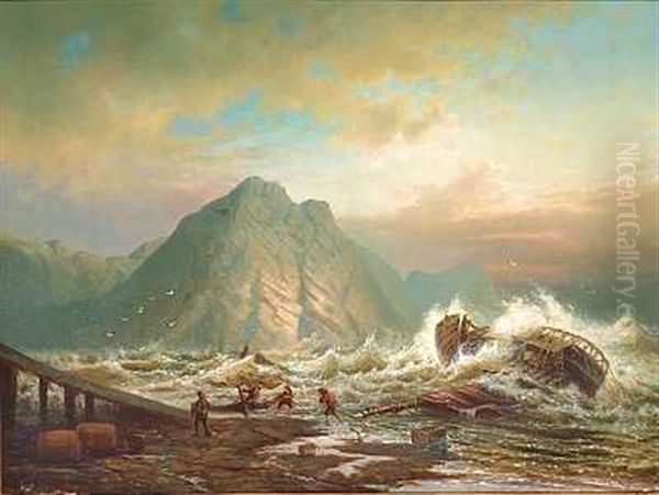 Somaend Slaeber Et Skibsvrag I Land Pa En Klippekyst I Hardt Vejr Oil Painting by Edmund Thornton Crawford