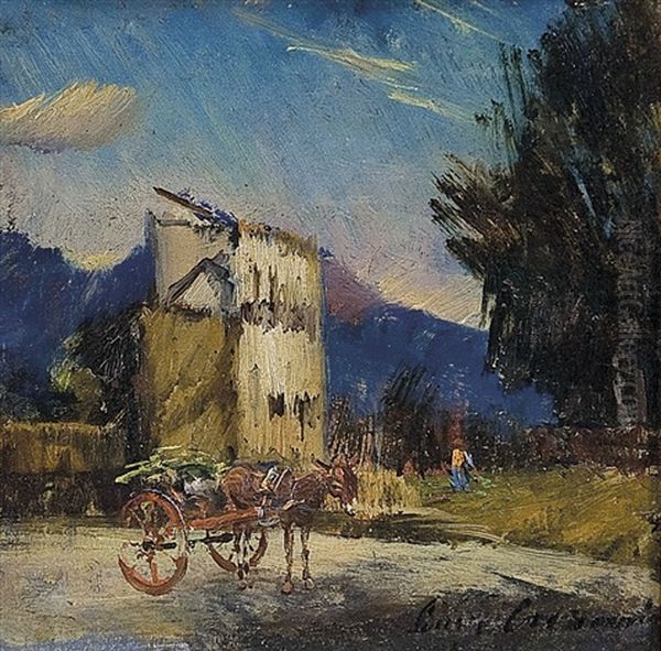 Paesaggio Con Carretto E Asino Oil Painting by Luigi Crisconio