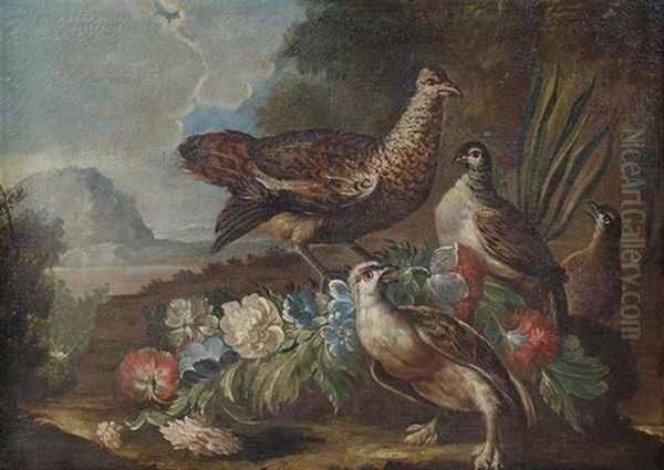 Wildgeflugel Mit Einer Blumengirlande Vor Landschaftshintergrund Oil Painting by Giovanni (Crivellino) Crivelli