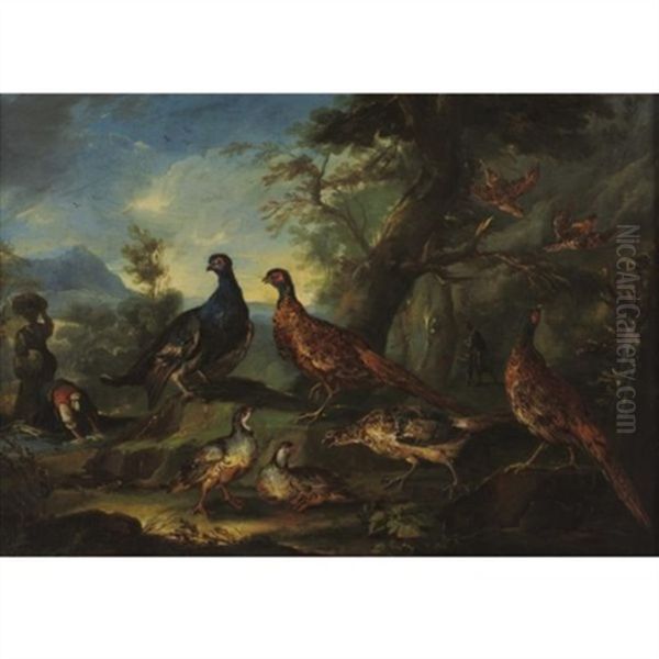 Game Birds In A Landscape With Washerwomen Beyond Oil Painting by Giovanni (Crivellino) Crivelli