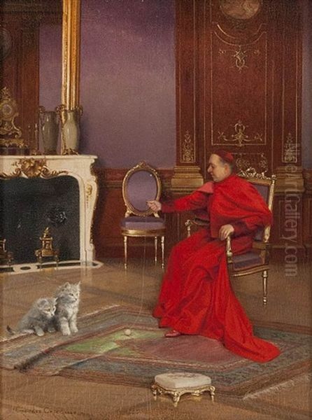 Cardinal In Interior, Playing With Cats Oil Painting by Georges Croegaert