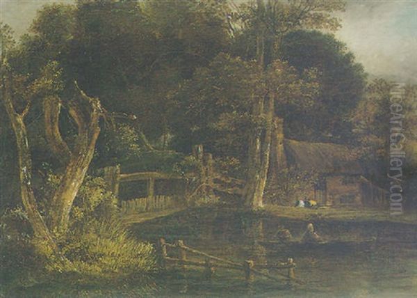 River Landscape With A Figure In A Boat By A Cottage Oil Painting by John Crome the Elder