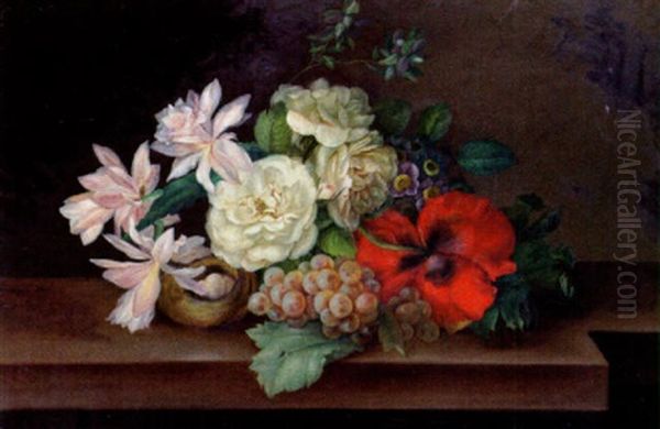 Stilleben Med Blommor, Druvor Och Fagelbo Oil Painting by Barbara (Betty) Croneborg