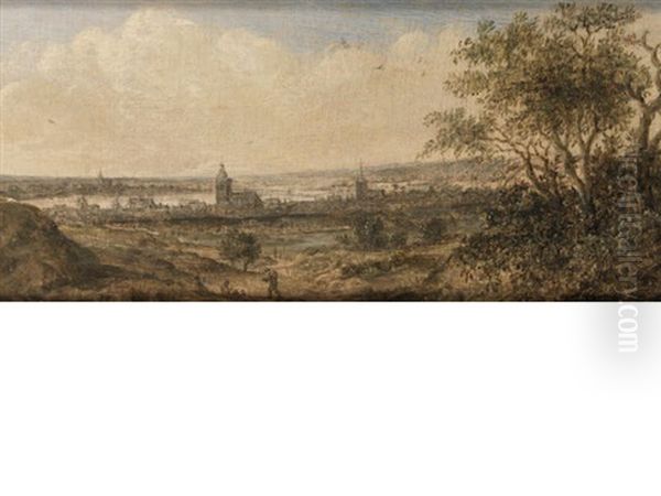 A View Of A Riverside Town (+ An Extensive River Landscape With A Bridge In The Foreground; Pair) Oil Painting by Anthony Jansz van der Croos