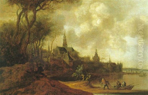 Pecheurs Aux Abords D'une Ville Fluviale Hollandaise Oil Painting by Anthony Jansz van der Croos