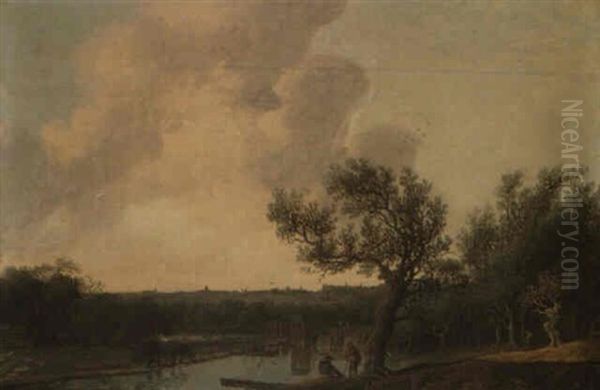 River Landscape With Figures In The Foreground , A Bridge Beyond Oil Painting by Anthony Jansz van der Croos