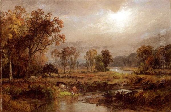 Cattle Watering In An Autumn Landscape Oil Painting by Jasper Francis Cropsey