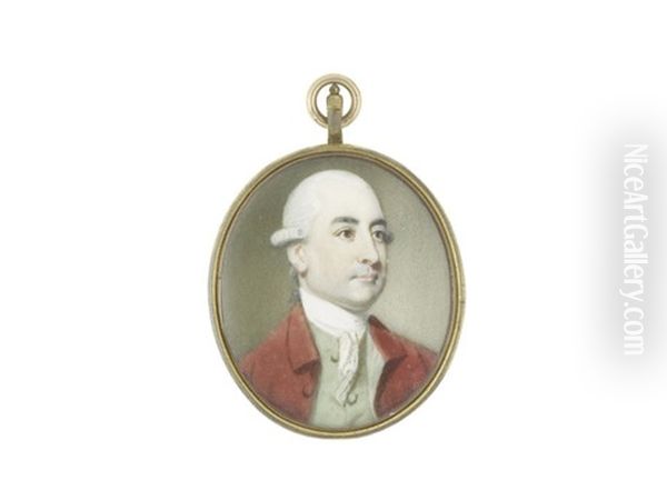 A Gentleman Identified As, Sir George Sayer, Wearing Crimson Coat, Mint Green Waistcoat, White Stock And Lace Cravat, His Powdered Wig Worn En Queue And Tied With Black Ribbon Oil Painting by Richard Crosse