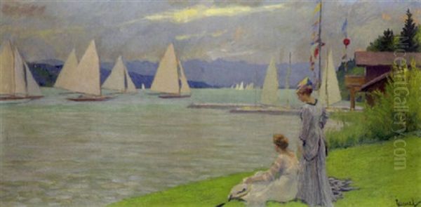 Zwei Damen Am Seeufer, Segelboote Betrachtend Oil Painting by Edward Cucuel