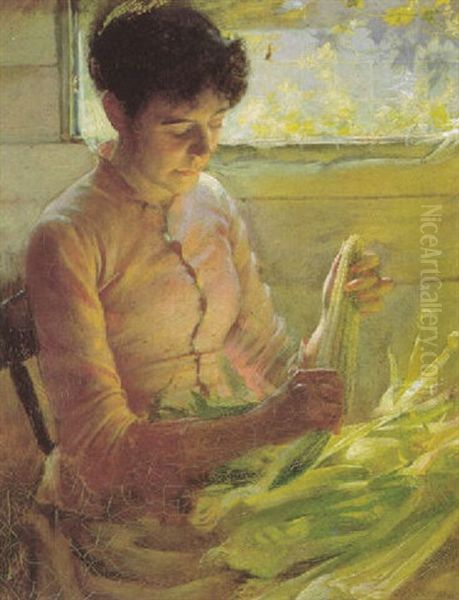 Shucking Corn Oil Painting by Charles Courtney Curran