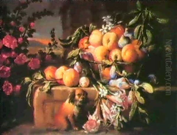 Nature Morte Aux Fleurs, Fruits Et Chien Oil Painting by Gaetano Cusati