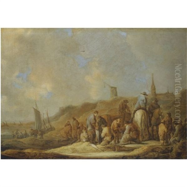 A Coastal Scene With Fishermen And Their Catch In The Sand Dunes Oil Painting by Benjamin Gerritsz Cuyp