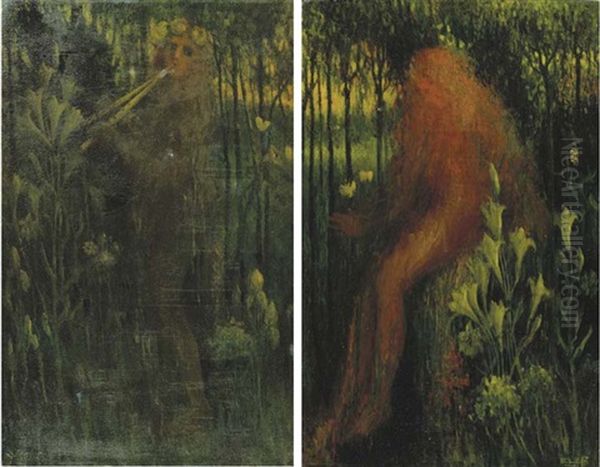 Het Geluid And De Liefde (side Panels Of Triptych) Oil Painting by Henri Van Daalhoff