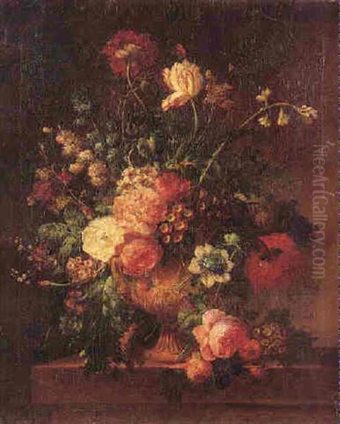 Still Life Of Flowers In A Terracotta Vase On A Stone Ledge Oil Painting by Jan Frans Van Dael