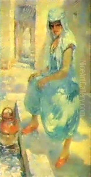 A Young Oriental Woman By A Fountain Oil Painting by Antoine Daens