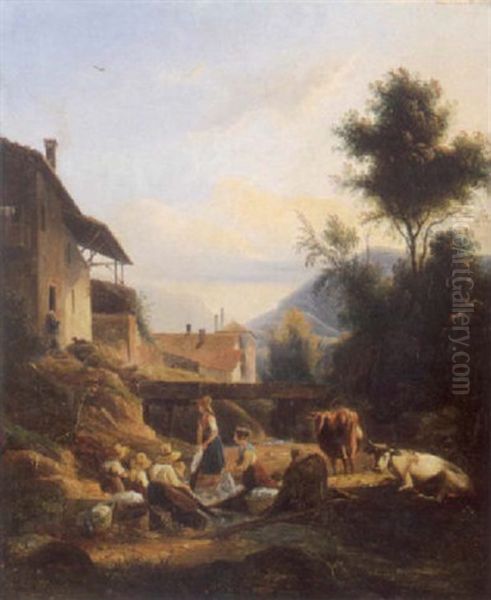 Blanchisseuse Pres D'un Ruisseau Au Pied D'un Paysage Montagnard Oil Painting by Isidore Dagnan