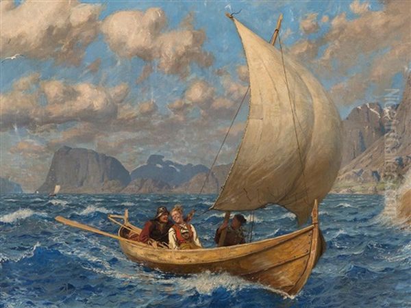 Crossing The Fjord In A Breeze Oil Painting by Hans Dahl
