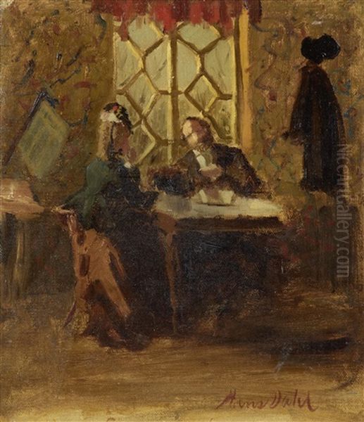 Interior Scene With Figures In Conversation And Sketch Of A Man And Woman In A Boat (2 Works) Oil Painting by Hans Dahl