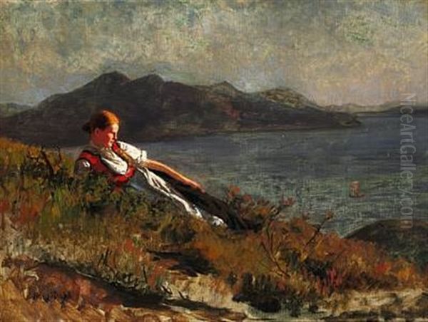 Young Norwegian Girl Laying In The Sunset On The Slopes Of A Fjord Oil Painting by Hans Dahl