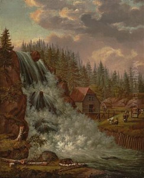Norsk Landskap, Rogna Vannfall Oil Painting by Johan Christian Dahl