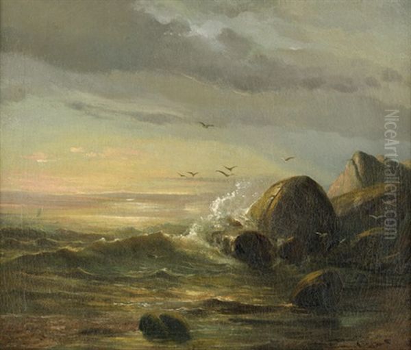 Sturmische See An Einer Felskuste Bei Sonnenuntergang Oil Painting by Johan Wilhelm Ludwig Dahl