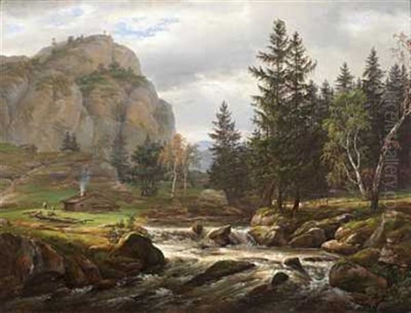 Nordisk Landskap Med Elv Oil Painting by Johan Christian Dahl