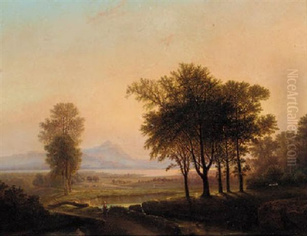 An Extensive River Landscape Oil Painting by Johan Wilhelm Ludwig Dahl