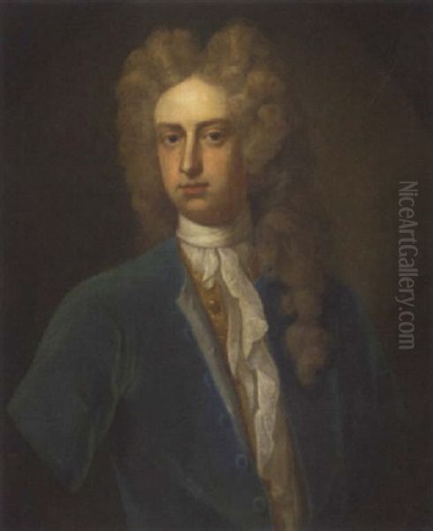 Portrait Of Adam Lees In A Blue Jacket, Gold Waistcoat And White Cravat Oil Painting by Michael Dahl