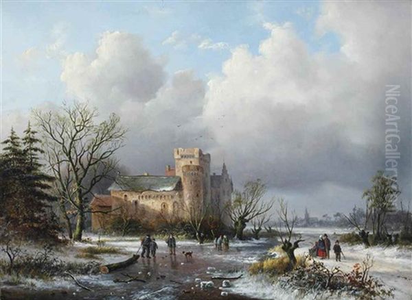 A Winter Landscape With Figures On The Ice Near A Castle Oil Painting by Alexander Joseph Daiwaille