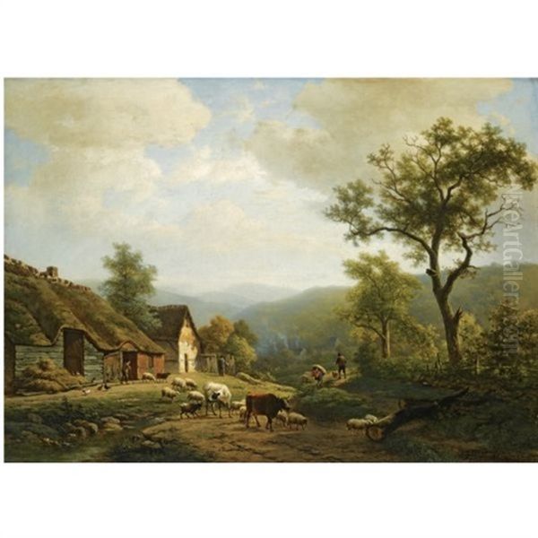 A Hilly Landscape With Cattle Going To The Fields Oil Painting by Alexander Joseph Daiwaille