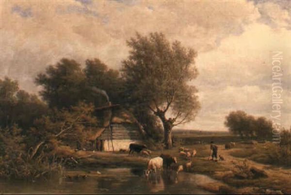 Cattle And Sheep Watering By A Pond Oil Painting by Alexander Joseph Daiwaille