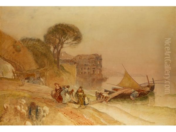 Pescatori A Riva Con Palazzo Donn Anna Sullo Sfondo Oil Painting by Eduardo Dalbono