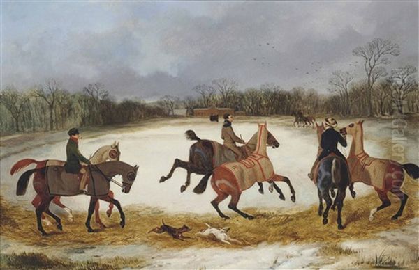 Grooms Exercising Horses In Winter Oil Painting by David (of York) Dalby