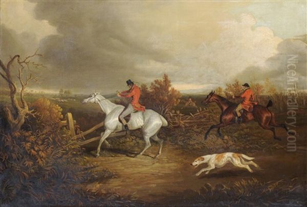 Huntsmen Riding Through A Landscape And Taking A Fence Oil Painting by David (of York) Dalby