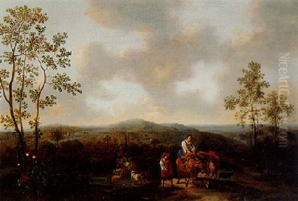 A Landscape With Peasants On A Track, A Drover Fording A Stream With Sheep Beyond Oil Painting by Dirk Dalens the Younger