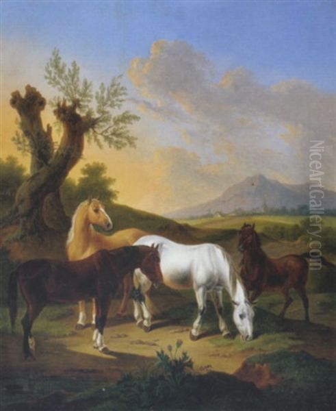Pferde Auf Der Weide Oil Painting by Alexander Johann Dallinger Von Dalling