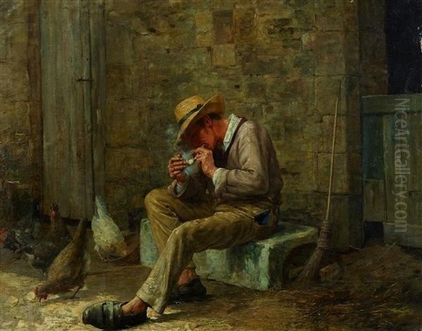 Pause Vor Dem Huhnerstall. Stallknecht Zundet Seine Pfeife An Oil Painting by Eugene Damas