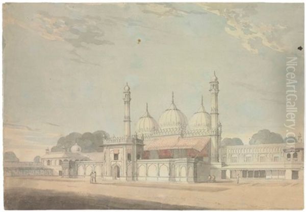 A View Of A Courtyard, Possibly The Moti Masjid, Agra, Showing Its Terraces And Two Flanking Minarets Oil Painting by William Daniell RA