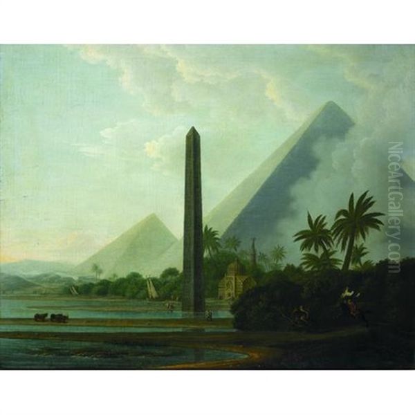 An Egyptian Scene With Pyramids, An Obelisk And A Mosque With Dhows, Cattle And Mounted Warriors In The Foreground Oil Painting by William Daniell