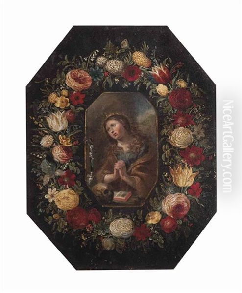 The Penitent Magdalen, Surrounded By Garlands Of Tulips, Roses, Marigolds, Snow Drops, Irises And Other Flowers Oil Painting by Andries Daniels