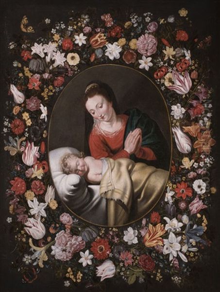 Madonna Mit Dem Schlafenden Christusknaben In Einem Kranz Aus Rosen, Tulpen, Lilien Und Anderen Blumen Oil Painting by Andries Daniels